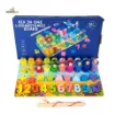Six in One Logarithmic Board wooden learning toy with colorful number blocks, stacking rings, geometric shape sorting pieces, numbered magnetic fish and original product packaging.