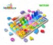 Six in One Logarithmic Board wooden learning toy featuring 6 activities including number counting, colorful ring stacking, shape sorting and magnetic fishing game.