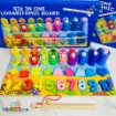 Six in One Logarithmic Board wooden learning toy with colorful number blocks, counting rings, geometric shapes, numbered fish pieces, fishing rod and product packagin
