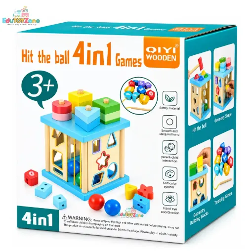 Picture of Four in One Wooden Hammering, Lacing, Shape Sorting & Building Box