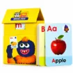 Goofi English Flash Cards featuring colorful alphabet and vocabulary learning cards with an Aa for Apple illustration and yellow house-shaped storage box.