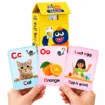 Goofi English Flash Cards showing colorful alphabet and vocabulary cards featuring C for Cat, O for Orange and an English sentence card with illustrated examples, alongside the yellow storage box.