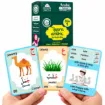 Goofi Arabic Flash Cards featuring Arabic letters Jeem and Ayn with camel and grass illustrations, a trilingual Islamic values card in Bangla, English and Arabic, and original packaging box.