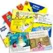 Goofi Borno Golpo 2 (বর্ণগল্প ২) – 5 Books Set showing open Bengali storybook pages with colorful illustrations of a monkey on a tree, a man falling into water and a girl meeting an elderly man in a forest, alongside other books from the series.