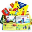 Goofi Borno Golpo 2 (বর্ণগল্প ২) – 5 Books Set showing open Bengali storybook pages with colorful illustrations of a penguin and cartoon character in a garden, a fantasy castle and other illustrated Bangla storybook covers from the series.
